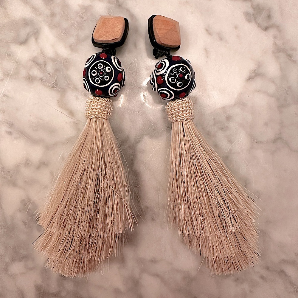 Tory Burch Black, Red & Beige Tassel Drop Clip-on Earrings